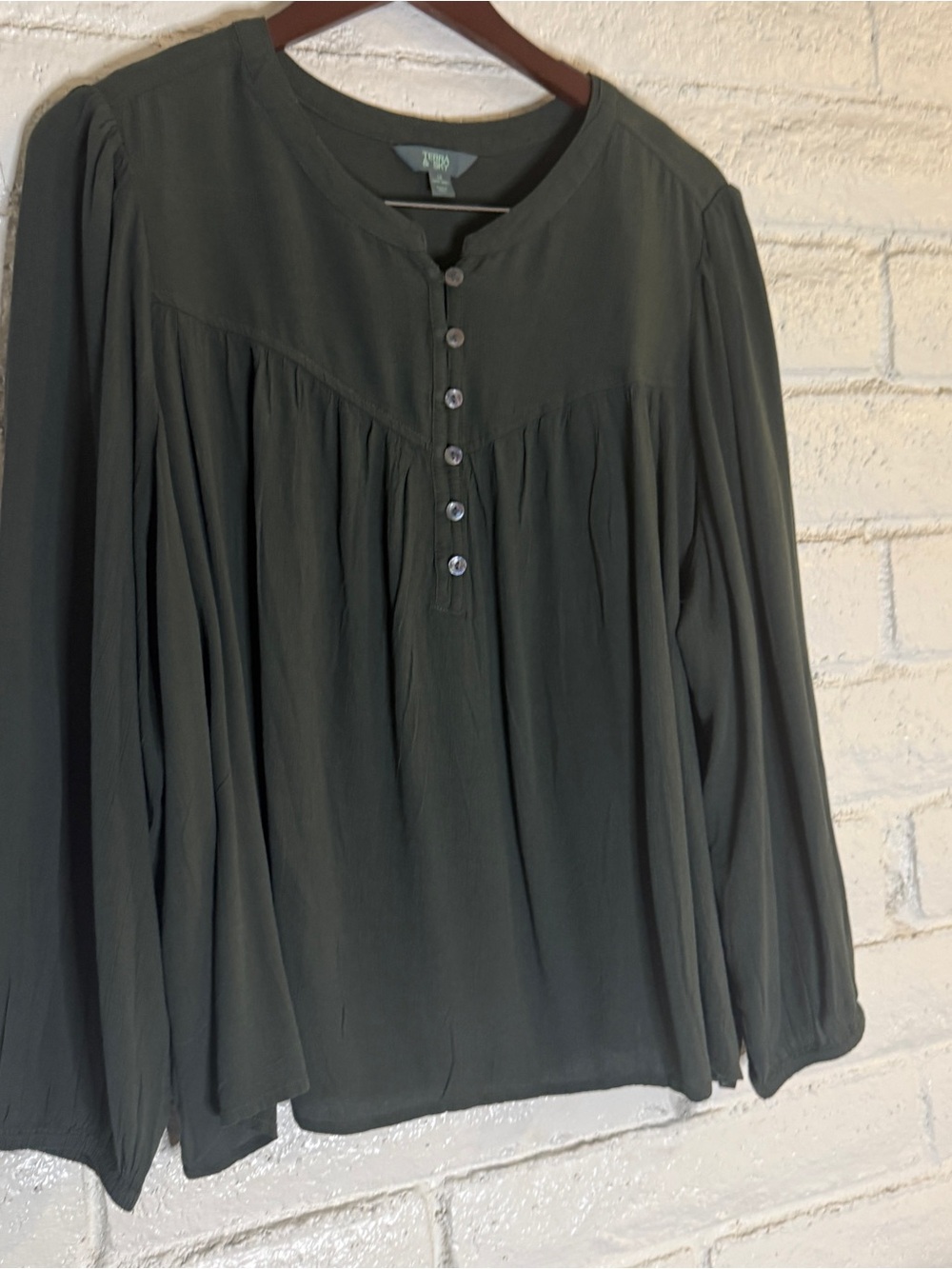 Pleated Button-Front Long Sleeve Blouse in Olive Green - Picture 5 of 5